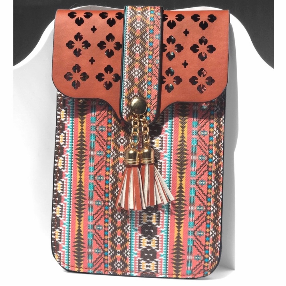 New! Aztec Cross Body Bag Cellphone Holder Faux Leather Purse